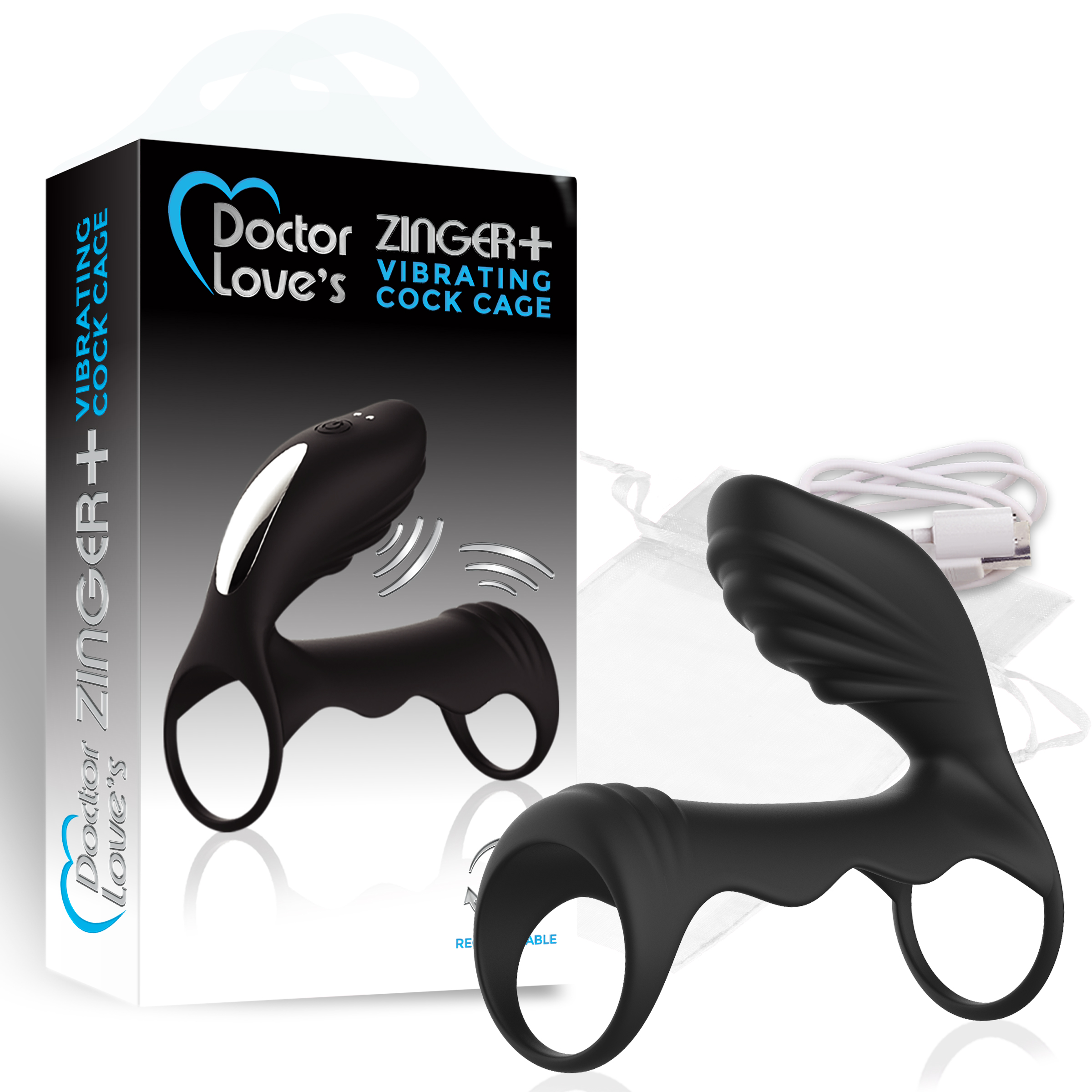 DOCTOR LOVE ZINGER+ VIBRATING RECHARGEABLE COCK CAGE BLACK - Romantic Depot 