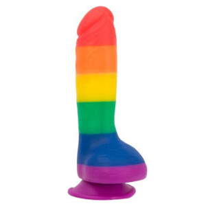 Rainbow-striped silicone dildo with suction base