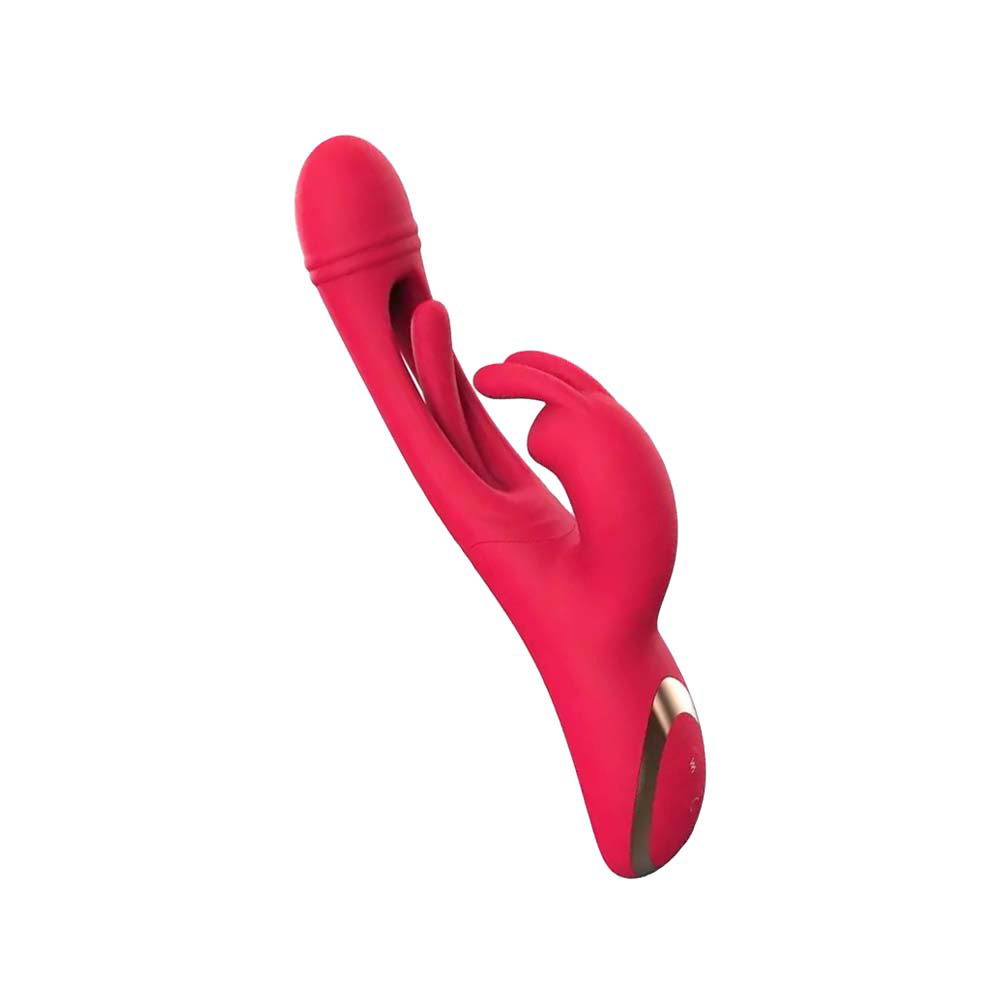 Red silicone dual-motor personal massager with ergonomic design.