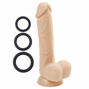 Elite Sex Toys Premium Silicone 7” Dildo with Suction Cup, Balls & 3 Cock Rings - White