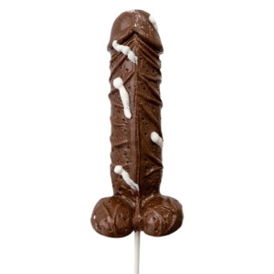 Penis-shaped chocolate lollipop with white icing