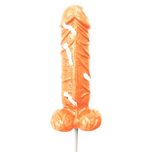Penis-shaped orange lollipop on white background