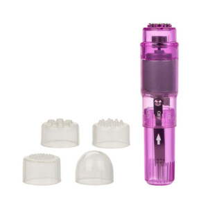 Purple massager with four different attachments.