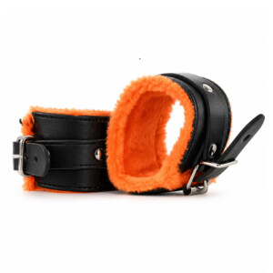 Black leather handcuffs with orange fur lining