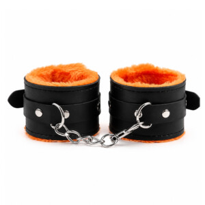 Black leather handcuffs with orange fur lining