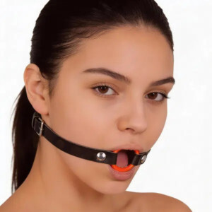 Woman wearing black leather ring gag