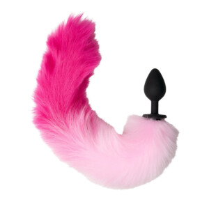 Pink fur tail plug on white background.
