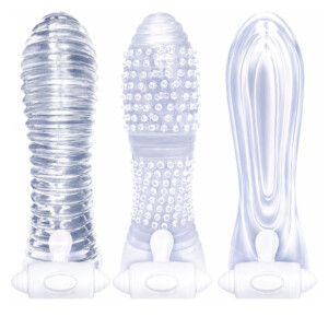 Three clear textured silicone sleeves with white adjustable bases