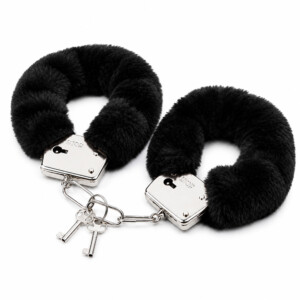Black furry handcuffs with metal locks and keys