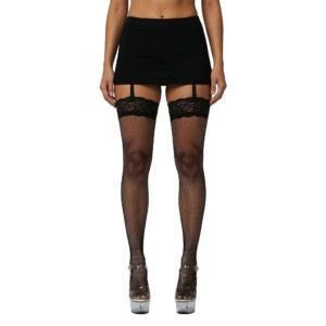 Woman in black mini skirt and lace tights.