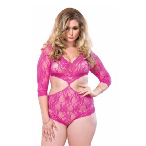 Leg Avenue Floral Lace Deep-V Cut-Out Teddy with Full Back Panty Plus Size - Fuchsia