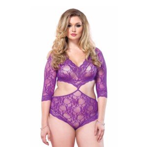 Leg Avenue Floral Lace Deep-V Cut-Out Teddy with Full Back Panty Plus Size - Purple