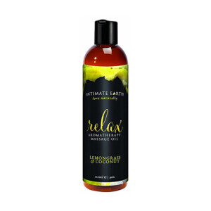 Intimate Earth Relax lemongrass coconut aromatherapy massage oil bottle