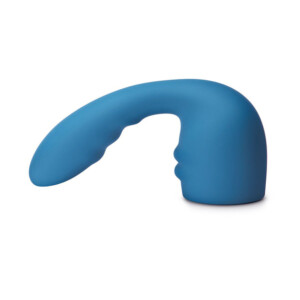 Blue curved silicone personal massager on white background
