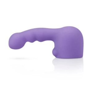 Purple curved silicone massager on white background