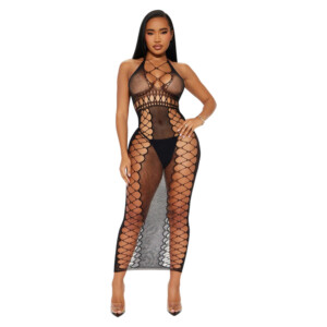 Woman wearing black fishnet dress.