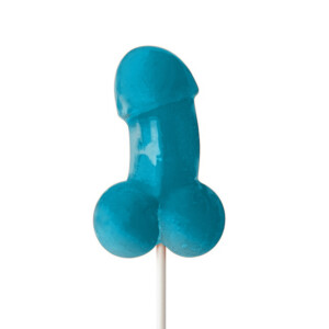 Blue penis-shaped lollipop on white background