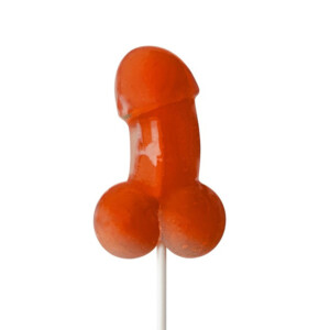 Penis-shaped lollipop on white background