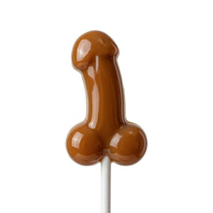 Brown penis-shaped lollipop on white background