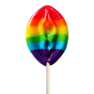 Rainbow vulva-shaped lollipop on white background