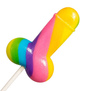 Rainbow-colored penis-shaped lollipop on white background