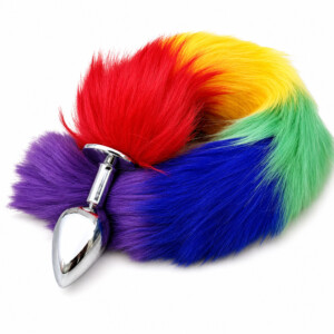 Rainbow faux fur tail with metal plug