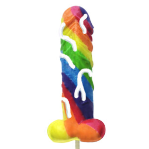 Rainbow-colored penis-shaped lollipop with white drizzle