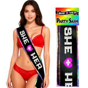 Model wearing red lingerie and She Her sash