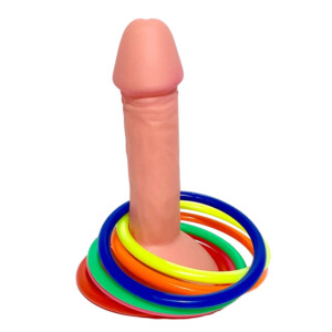 Penis-shaped ring toss toy with colorful rings