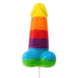 Rainbow phallic-shaped lollipop on white background