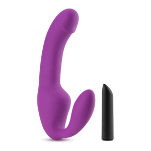 Purple dual-ended vibrator with black bullet attachment.