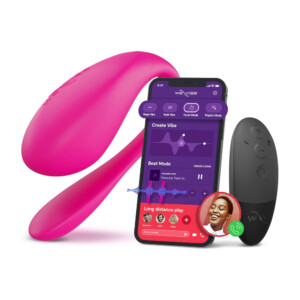 Pink wearable vibrator with app control and remote.