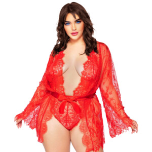 Women's Plus Size Short Floral Lace Robe With Cheeky Thong - Red
