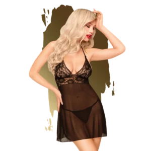 Bedtime Story Mini Dress with Thong in Black (M/L)