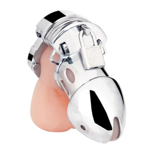Metal chastity device with lock for adult use.