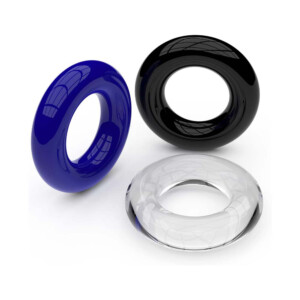 Three colorful glossy donut-shaped sculptures