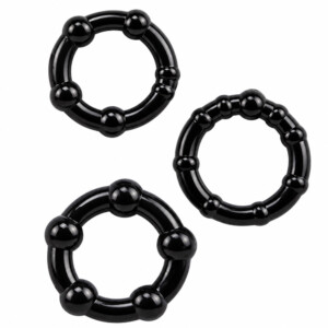 Three black beaded rings on white background