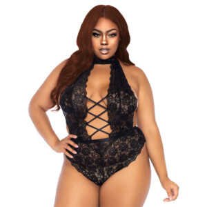 Women's Plus Size High Neck Floral Lace Backless Teddy With Lace Up Accents - Black