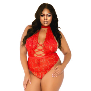 Women's Plus Size High Neck Floral Lace Backless Teddy With Lace Up Accents - Red