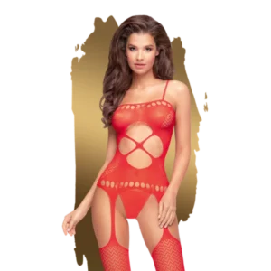 Hot Nightfall Fishnet Bodystocking w Garter Belt in Red XL