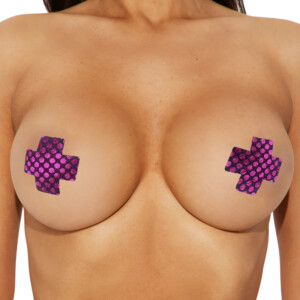 Hot Pink X Cross-Shaped Nipple Pasties with Black Glitter Polka Dots