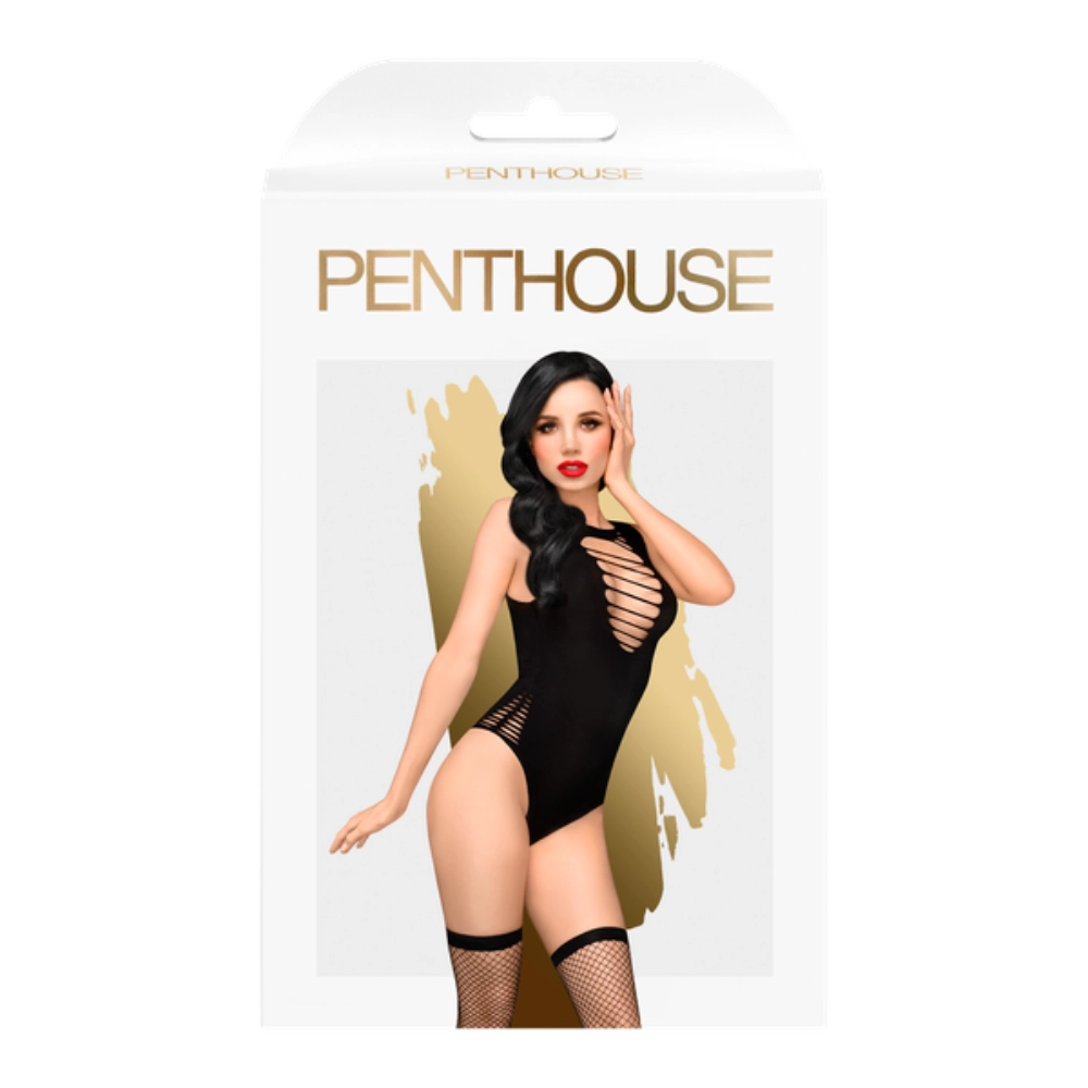 Hotter Than Hell Cut-Out Teddy w Thigh High Fishnet Stockings in Black S/L - Image 3