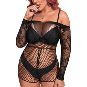 Women's Plus Size Long Sleeve Lace and Fishnet Bodysuit - Black