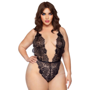 Women's Plus Size Love Affair Deep Plunge Lace Teddy - Black