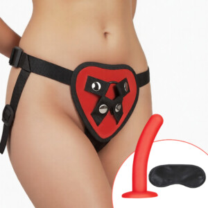 Red harness with dildo and blindfold set