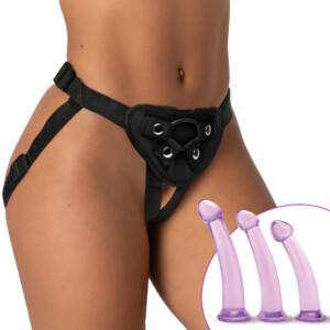 Black harness with three purple silicone dildos
