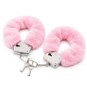 Pink fluffy handcuffs with keys on white background