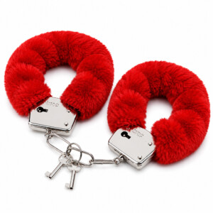 Red furry handcuffs with metal keys