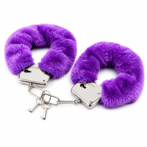 Purple fluffy handcuffs with metal chain and keys