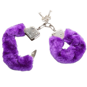 Purple fluffy handcuffs with keys.